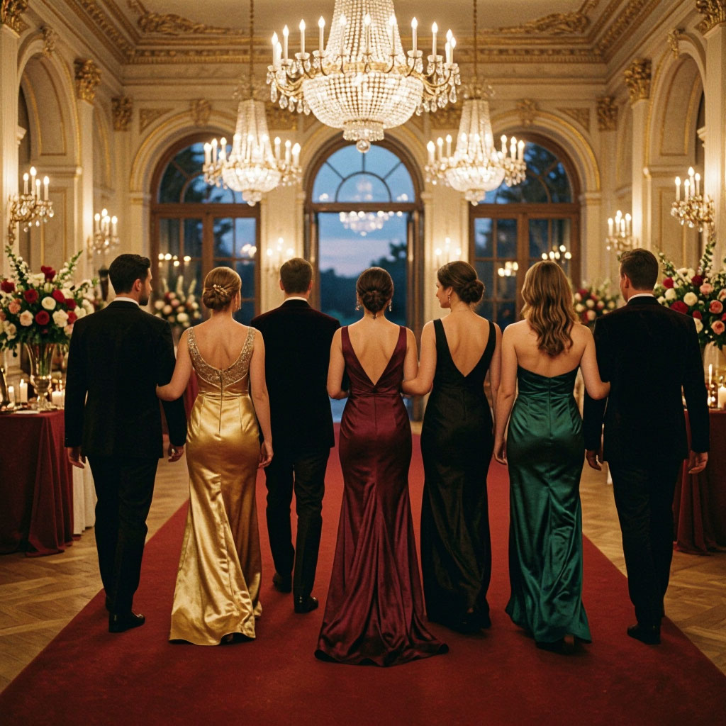 Guests arriving at an evening celebration
