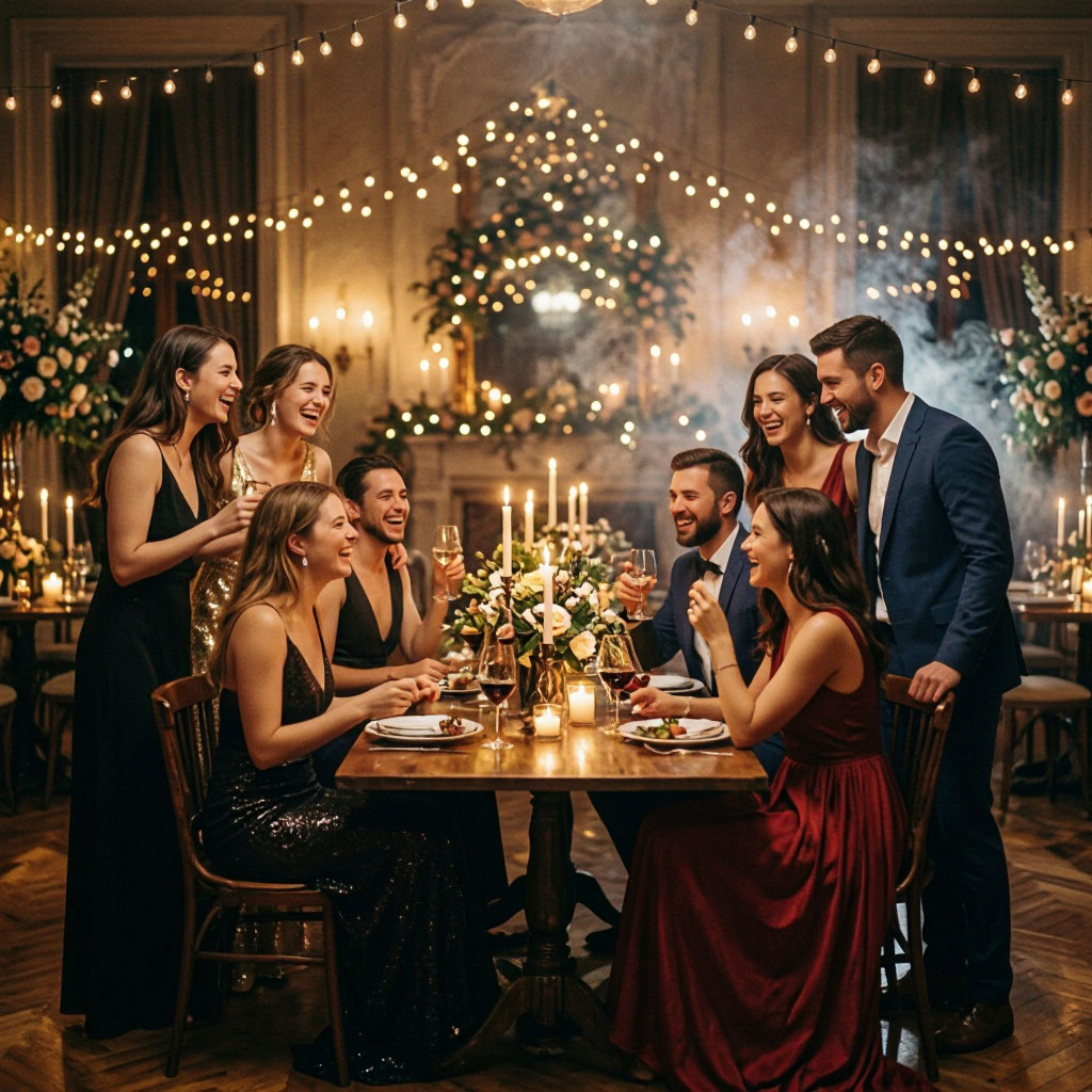 Guests at an evening holiday celebration