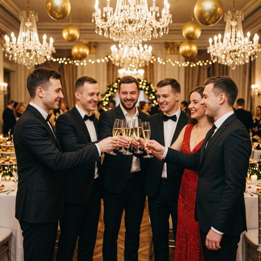 Team toasting at a year-end party