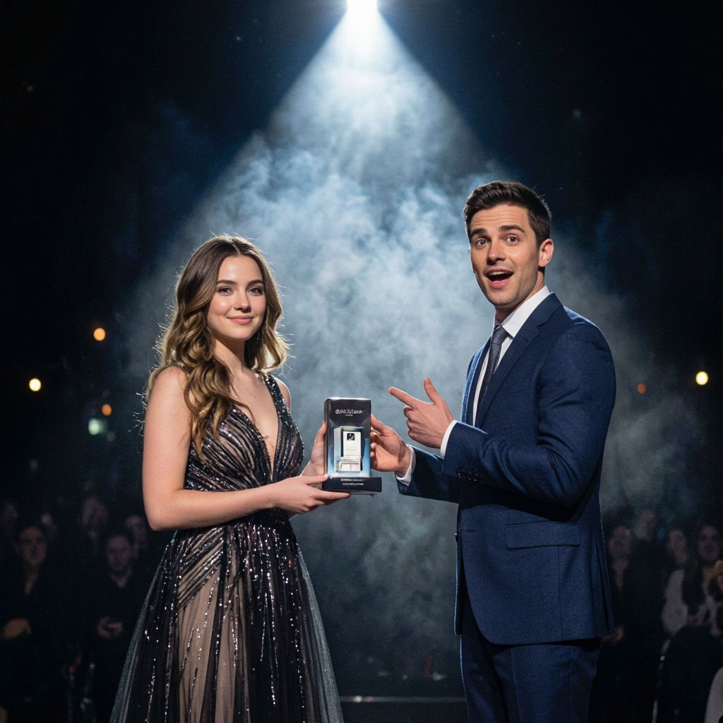 Product reveal moment on a lit stage
