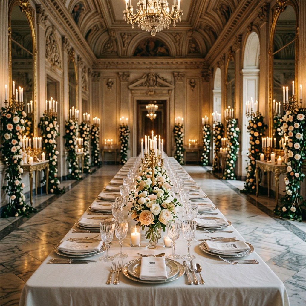 Ballroom set for a formal dinner